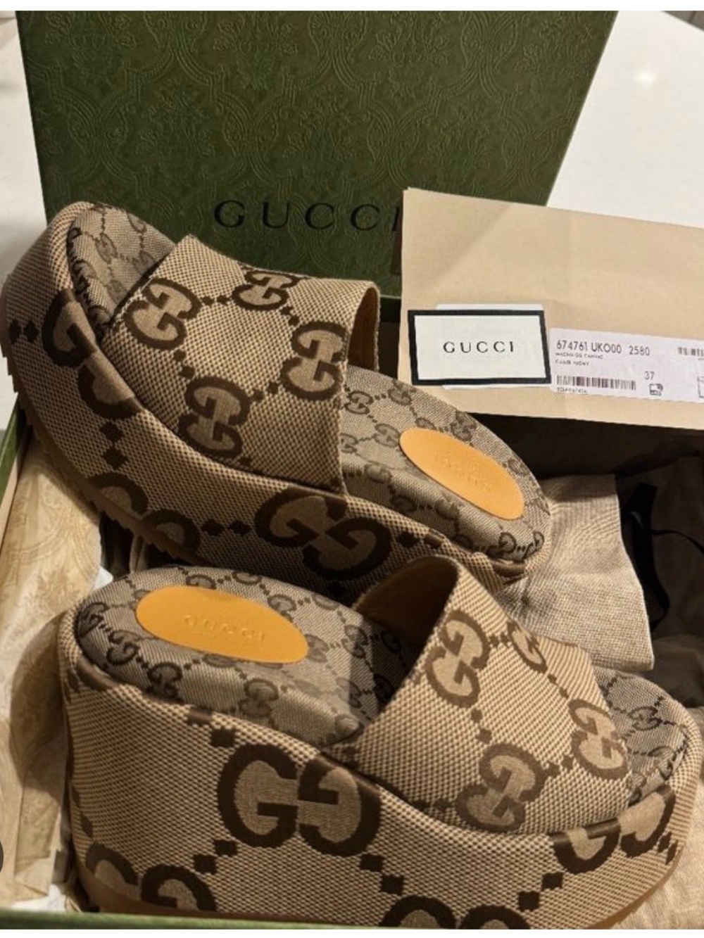 Gucci Beige & Brown GG Canvas Platform Slides